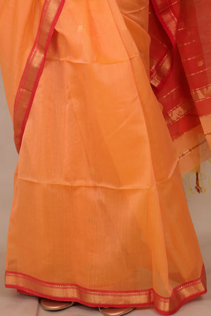 Pastel Orange Handloom Maheswari Silk Cotton Sarees | Looms & Tassels