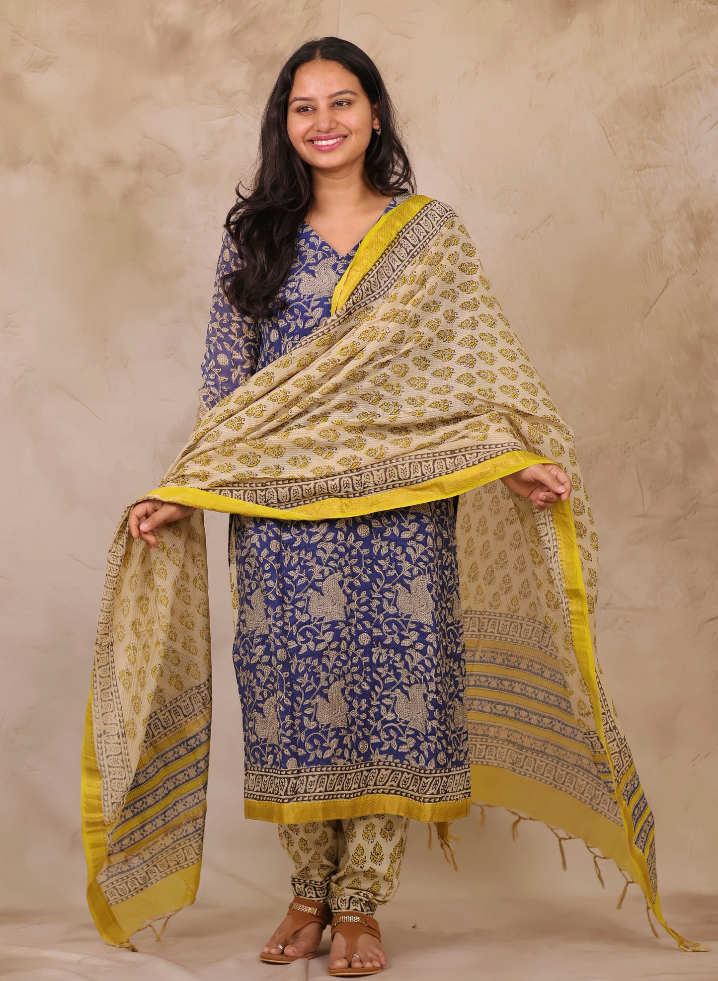Blue Handblock printed Pure Maheswari Silk 3 piece suit (stitched)