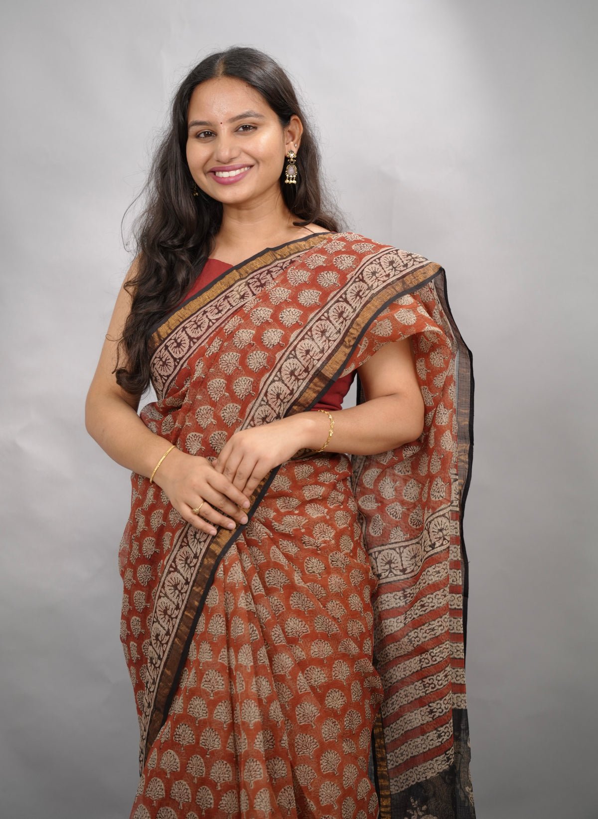 Maroon Pure Kota Doria Saree with Bagru Handblock Prints | Looms & Tassels