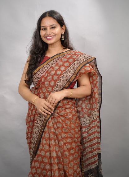 Maroon Pure Kota Doria Saree with Bagru Handblock Prints | Looms & Tassels
