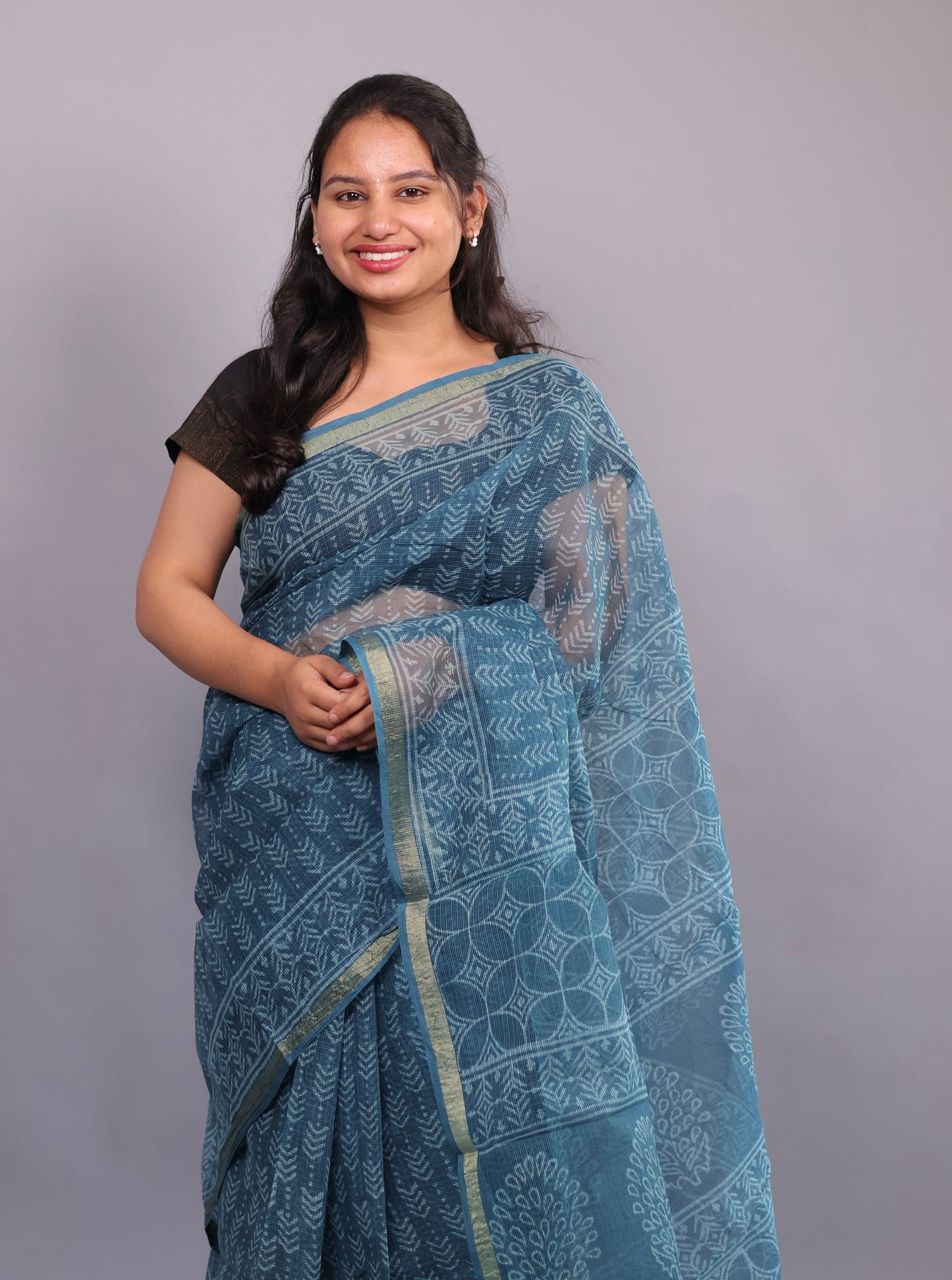Pure Kota Doria Saree with Bagru Handblock Prints – Teal Blue | Looms&Tassels