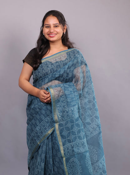 Pure Kota Doria Saree with Bagru Handblock Prints – Teal Blue | Looms&Tassels