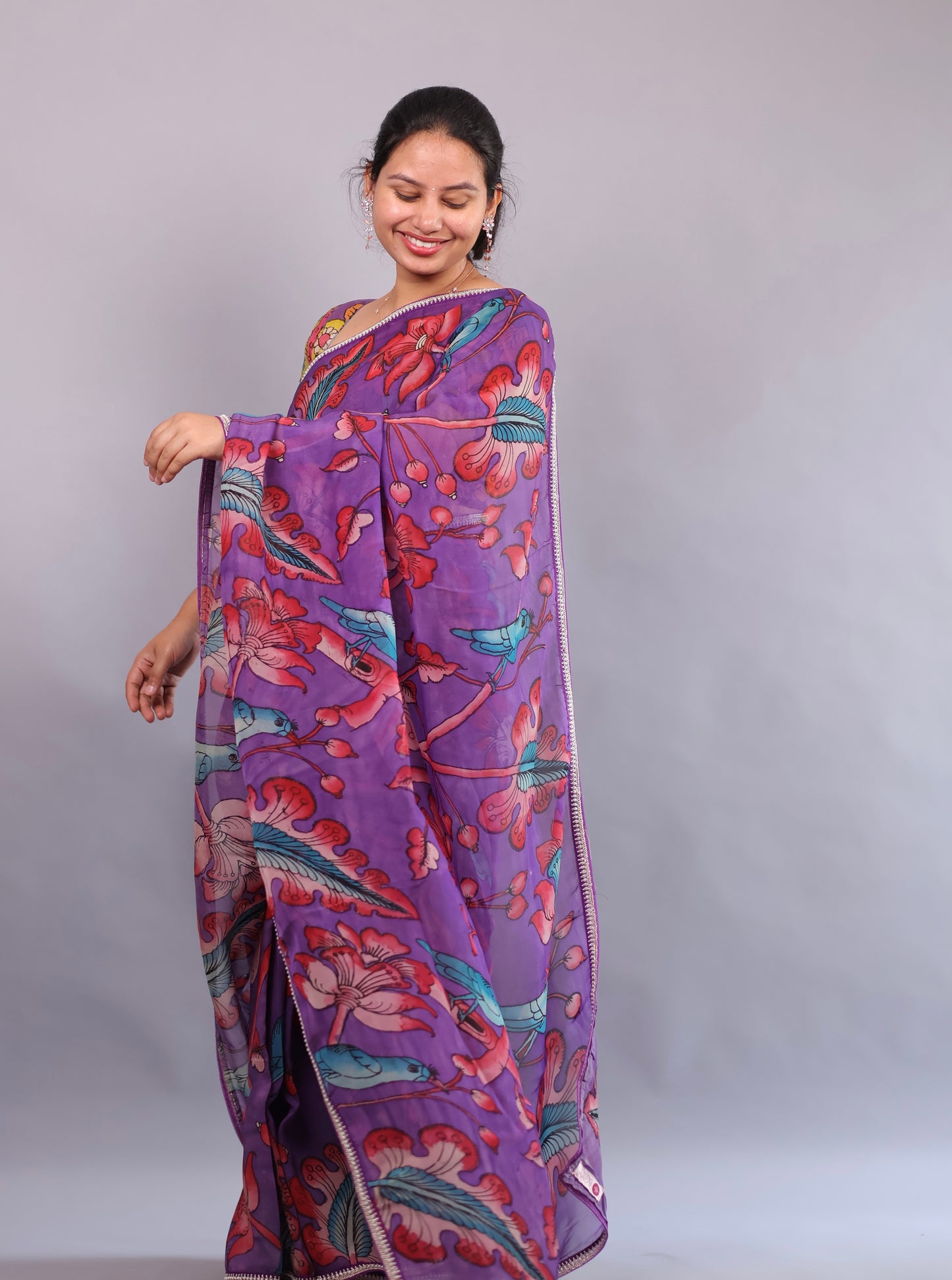 Purple Hand Painted Pen Kalamkari Organza Saree
