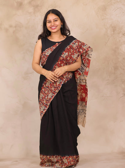Black Kalamkari Dyeing Pure Cotton Saree