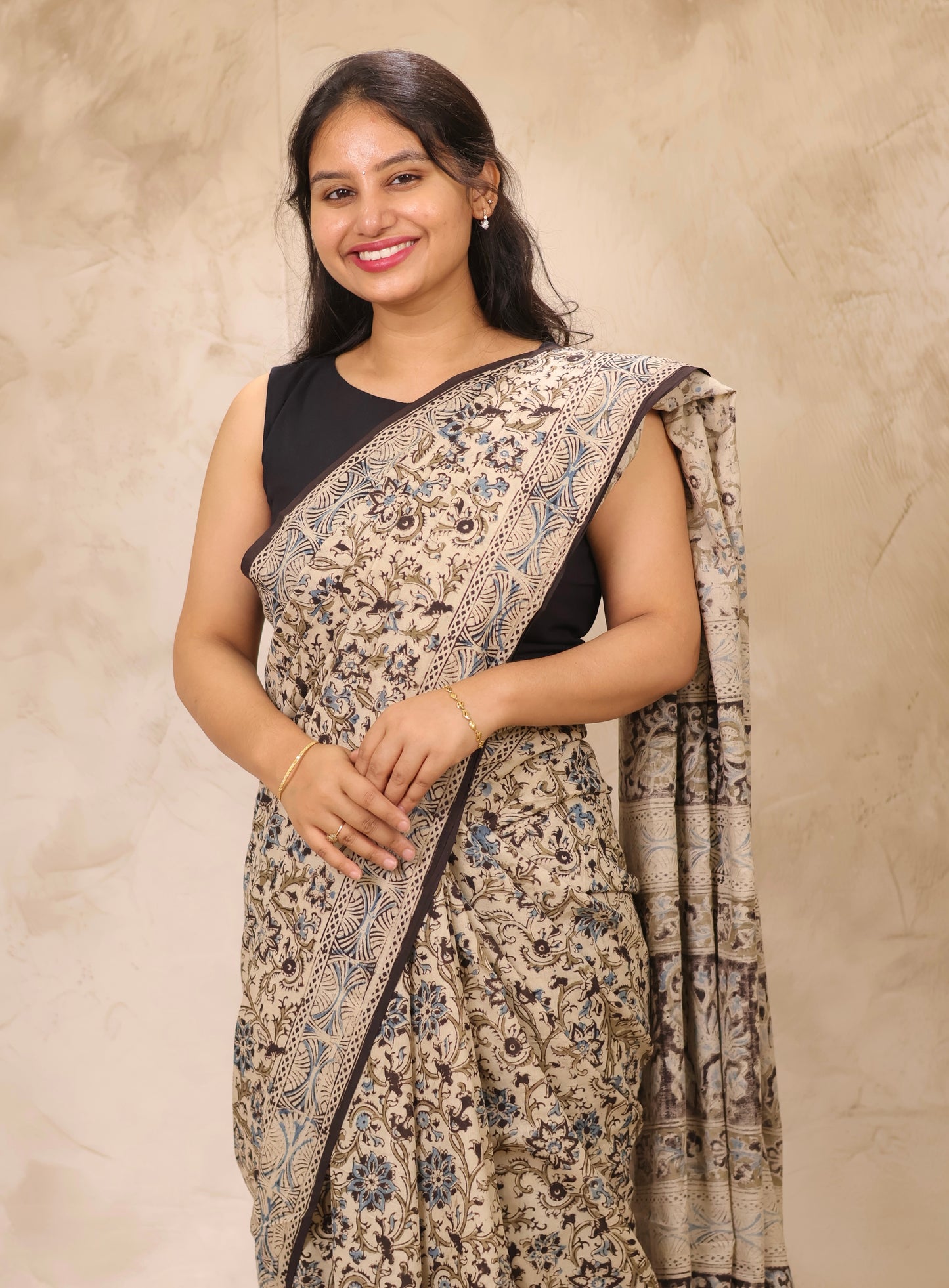Cream Hand Block Printed Kalamkari Cotton Saree | Looms & Tassels