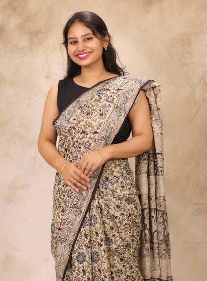 Cream Hand Block Printed Kalamkari Cotton Saree | Looms & Tassels