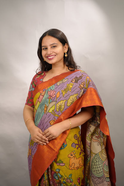 Yellow Hand Drawn Pen Kalamkari  Bangalore Silk Kanchi Border Saree | Looms & Tassels