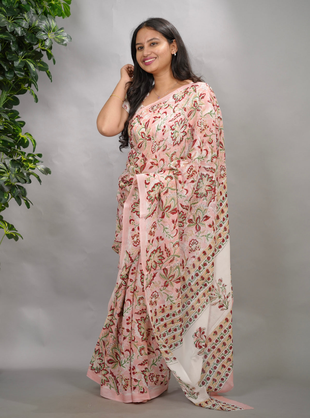 Pastel Pink Georgette Hand Block Printed Saree| Looms & Tassels