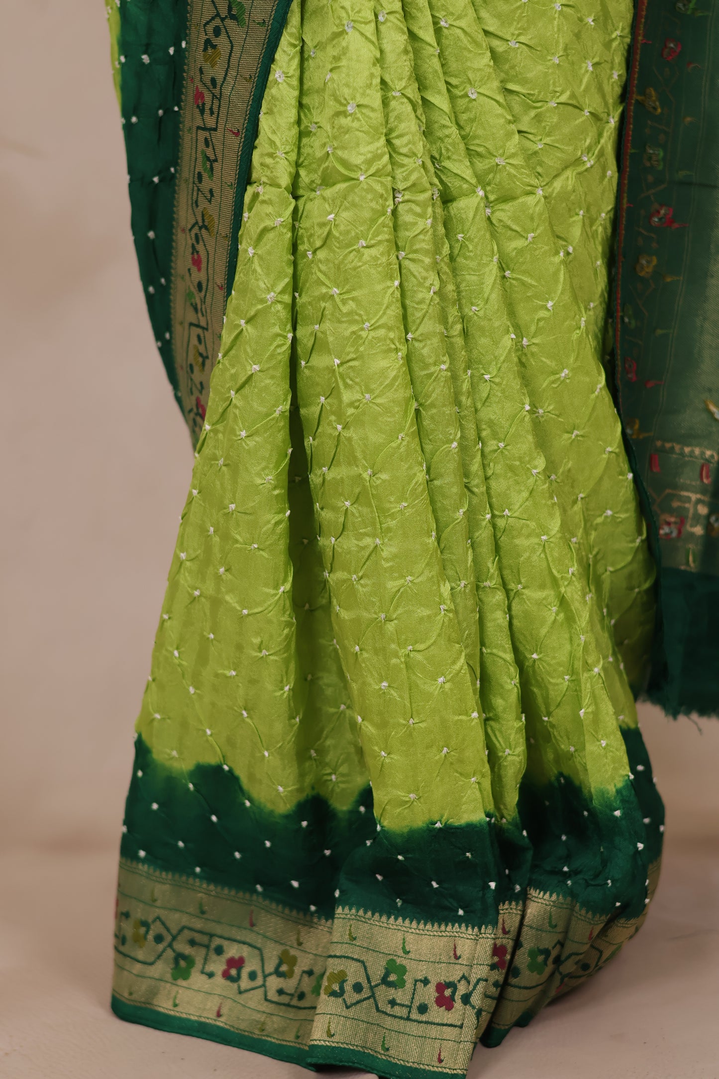 Dual Shade Green Handcrafted Bandhani Paithani Dola Silk Saree | Looms & Tassels