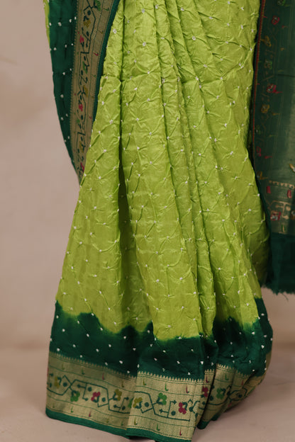 Dual Shade Green Handcrafted Bandhani Paithani Dola Silk Saree | Looms & Tassels