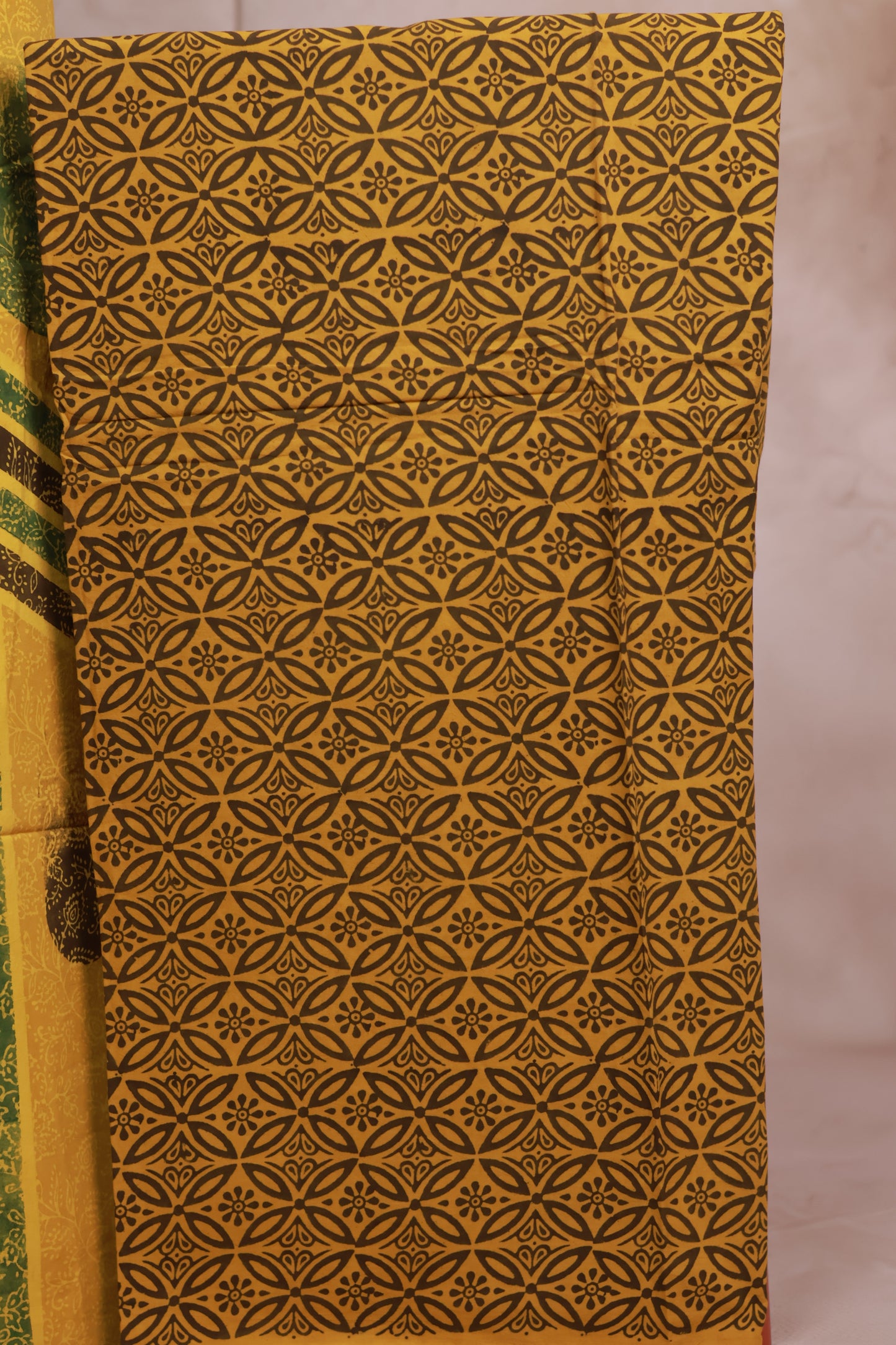 Yellow Ajrakh Handblock Printed Pure Cotton 3 piece suit set | Looms & Tassels