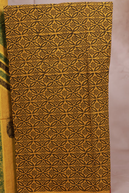 Yellow Ajrakh Handblock Printed Pure Cotton 3 piece suit set | Looms & Tassels