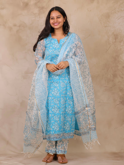 Ice Blue Handblock printed kota 3 piece suit (stitched)