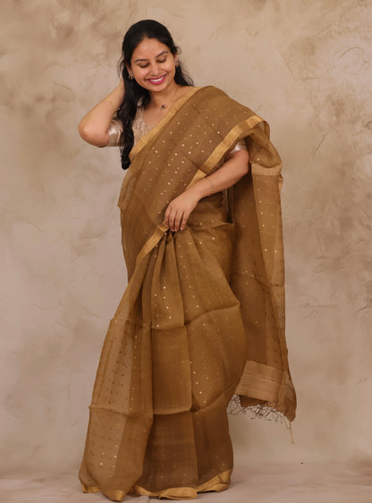 Mustard Brown Handwoven Muslin Silk Saree With Sequence Work | Looms & Tassels