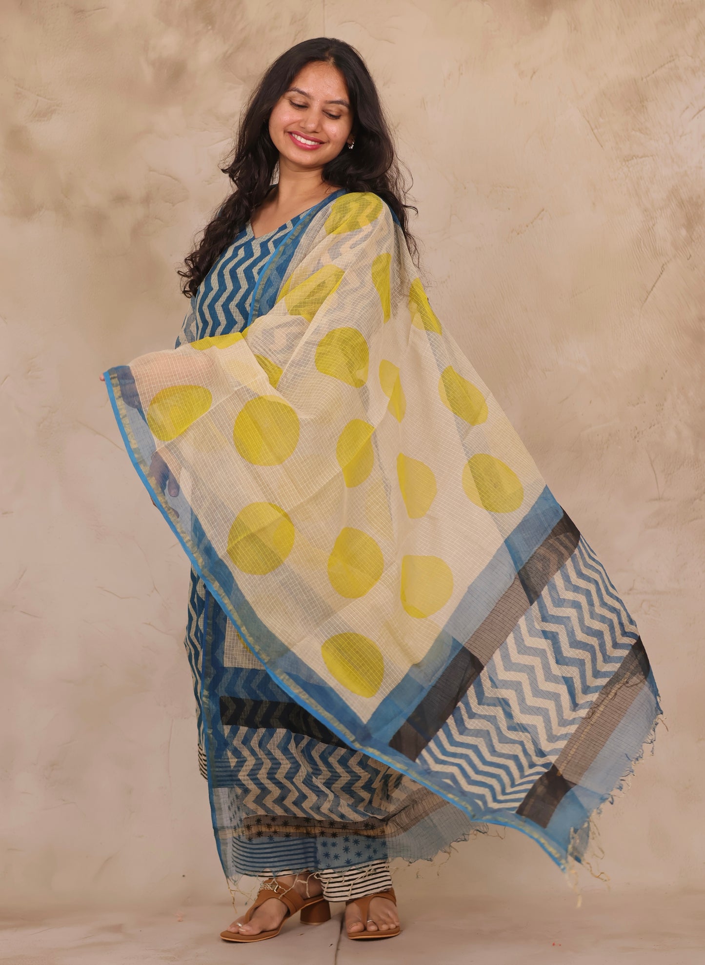 Cyan Blue Contemporary Handblock printed kota 3 piece suit (stitched)