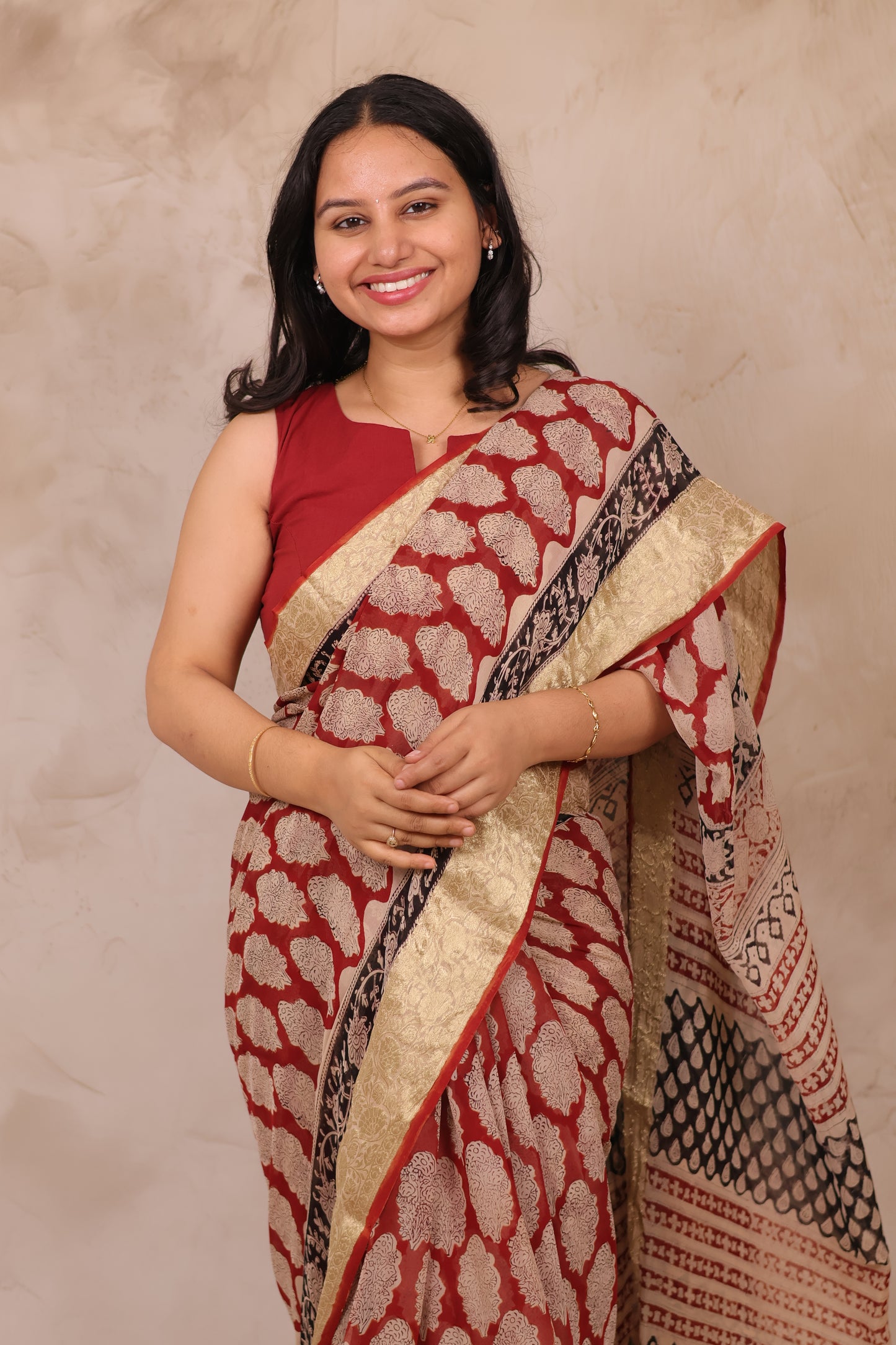 Maroon Chiffon Hand Block Printed Saree with Jari Border | Looms & Tassels