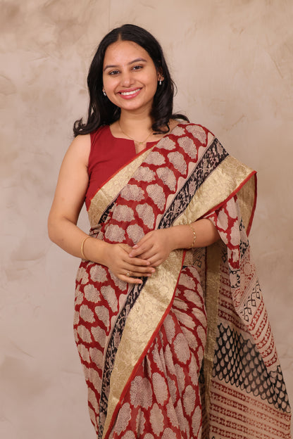 Maroon Chiffon Hand Block Printed Saree with Jari Border | Looms & Tassels