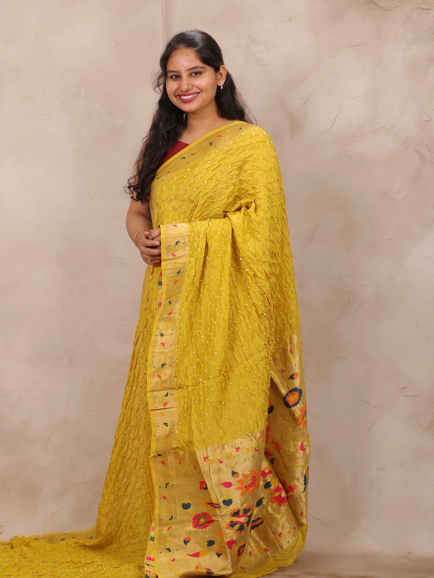Pastel Yellow Handcrafted Bandhani Paithani Dola Silk Saree | Looms & Tassels