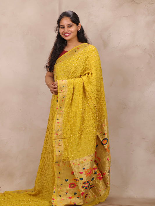 Pastel Yellow Handcrafted Bandhani Paithani Dola Silk Saree | Looms & Tassels