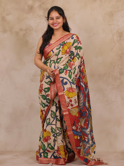 Cream Lotus Kalamkari Nizam Border Chennur Silk Saree | Looms & Tassels