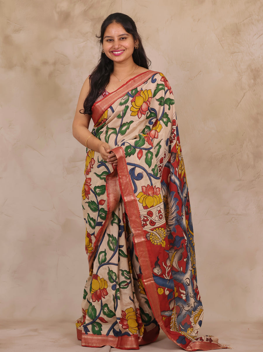 Cream Lotus Kalamkari Nizam Border Chennur Silk Saree | Looms & Tassels
