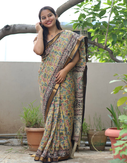 Mustard Hand Block Printed Kalamkari Nizam Border Silk Sare