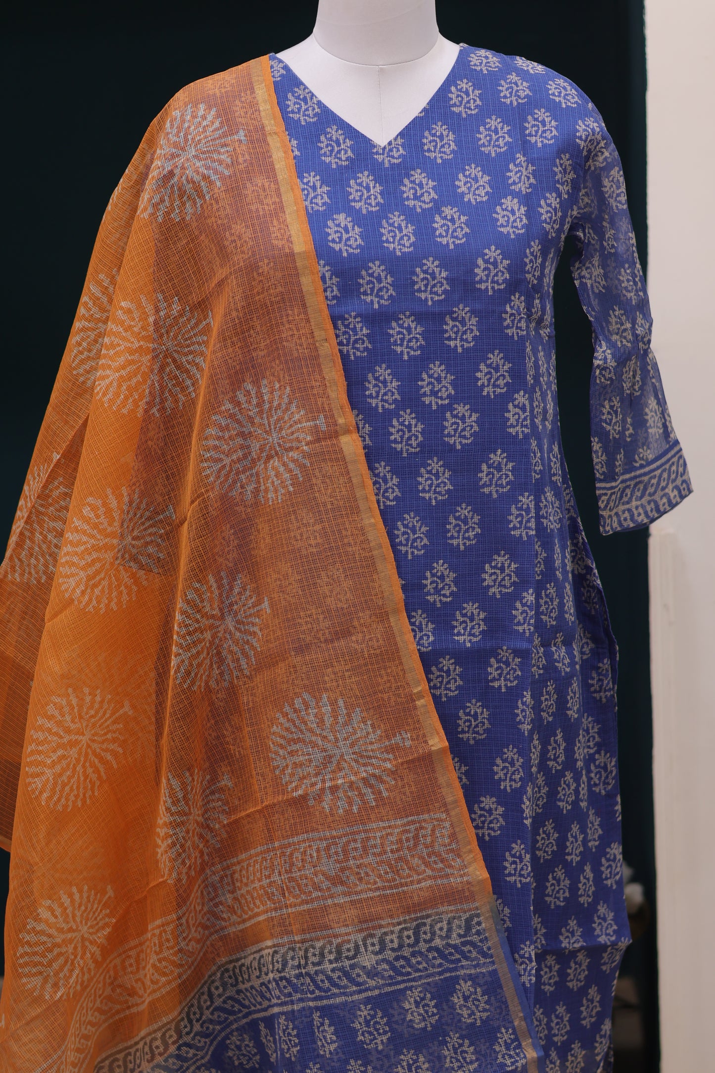 Blue Handblock printed kota 3 piece suit (stitched)