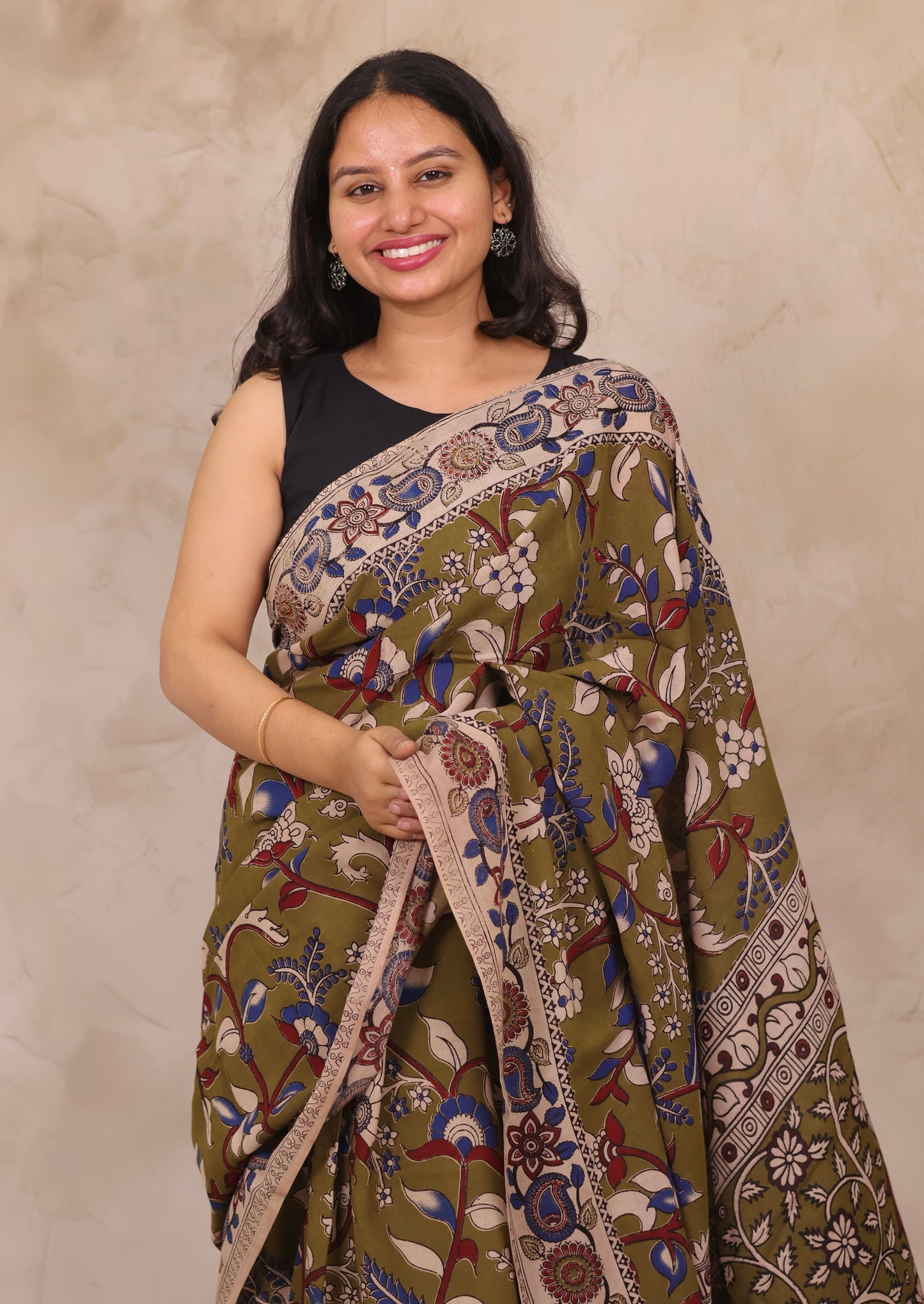 Mehendi Green Kalamkari Cotton Saree