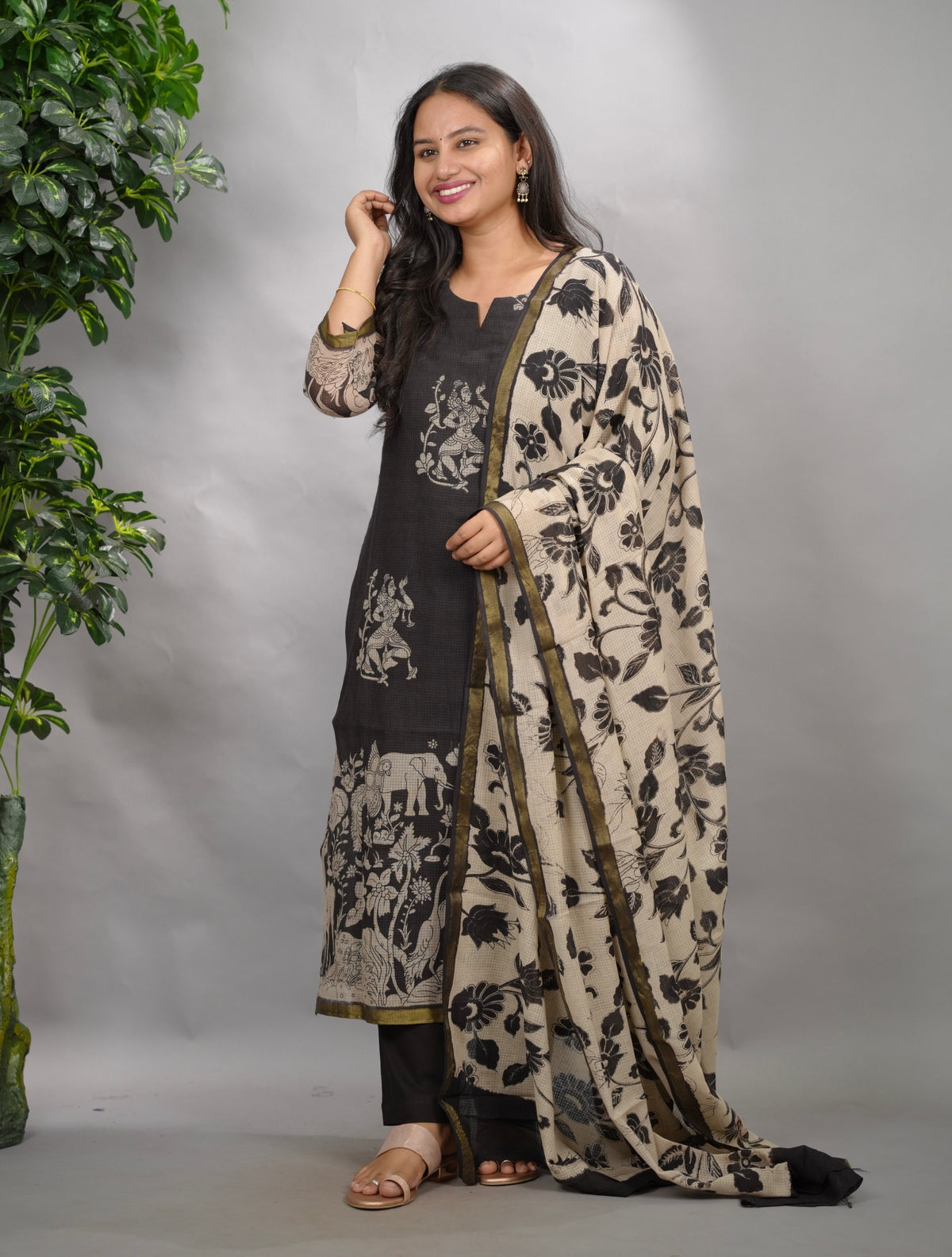 Black Kalamkari Kota Cotton 3 piece suit (stitched) | Looms & Tassels