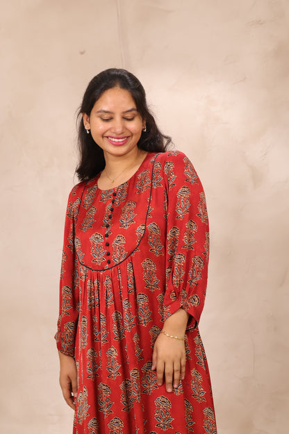 Red Ajrakh Modal Silk Aline Dress | Looms & Tassels