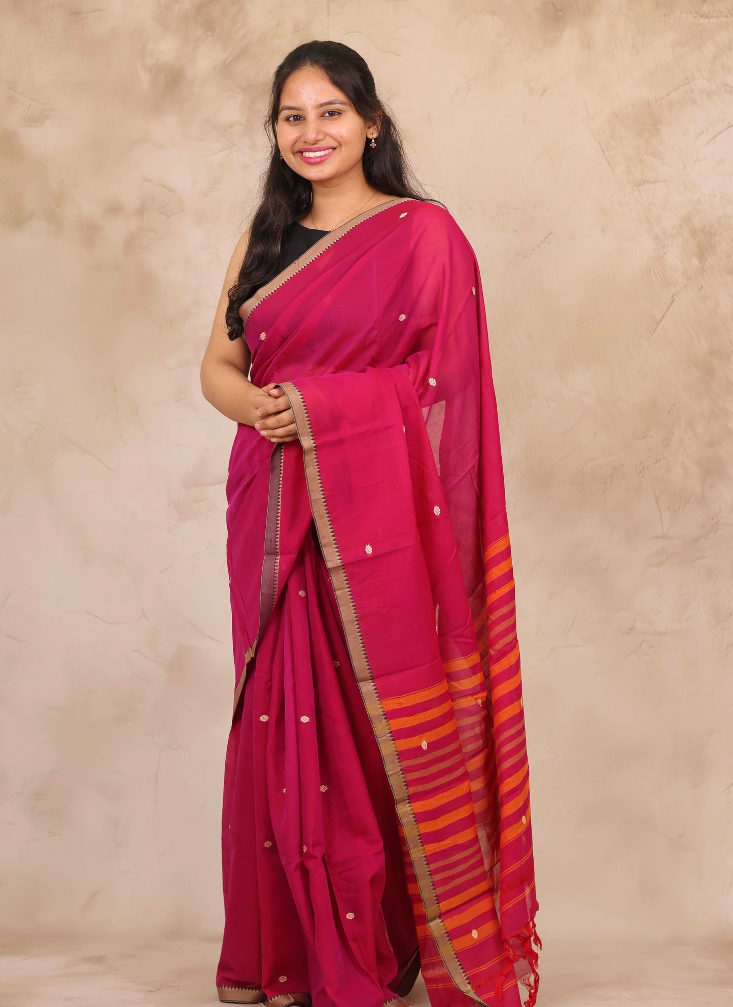 Pink Narayanpet Cotton Saree With Butta Weaving | Looms & Tassels