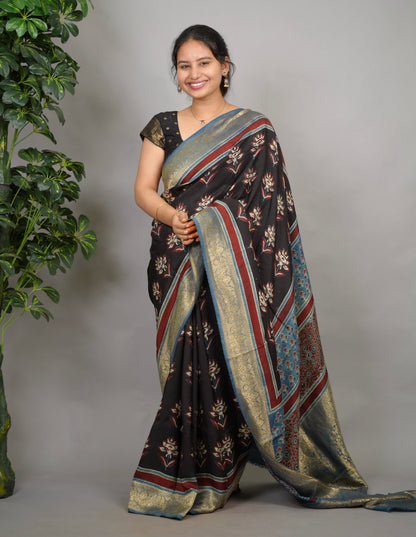 Ajrakh Dola Silk Saree - Black | Looms & Tassels