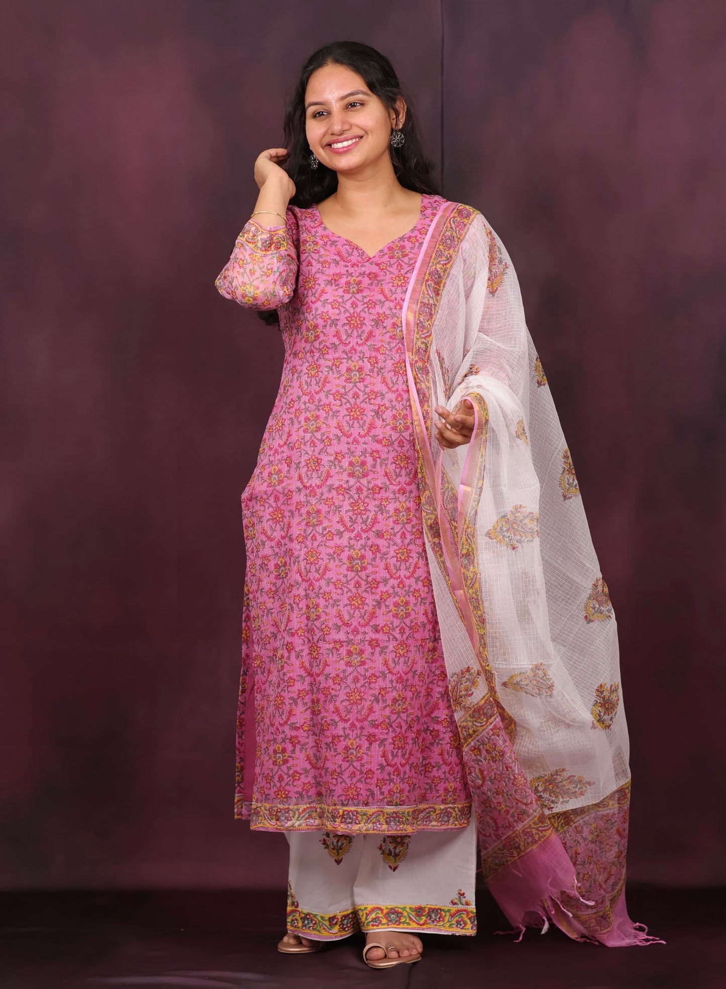 Pink Handblock printed kota 3 piece suit (stitched)