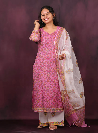 Pink Handblock printed kota 3 piece suit (stitched)