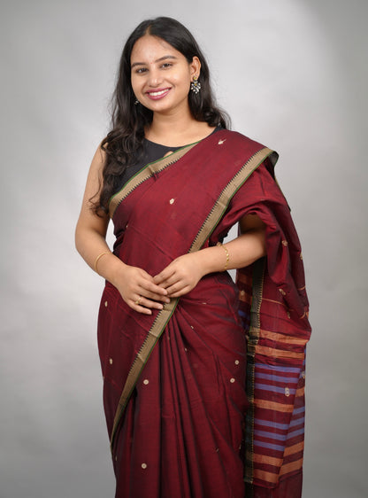 Maroon Narayanpet Cotton Saree With Butta Weaving | Looms & Tassels