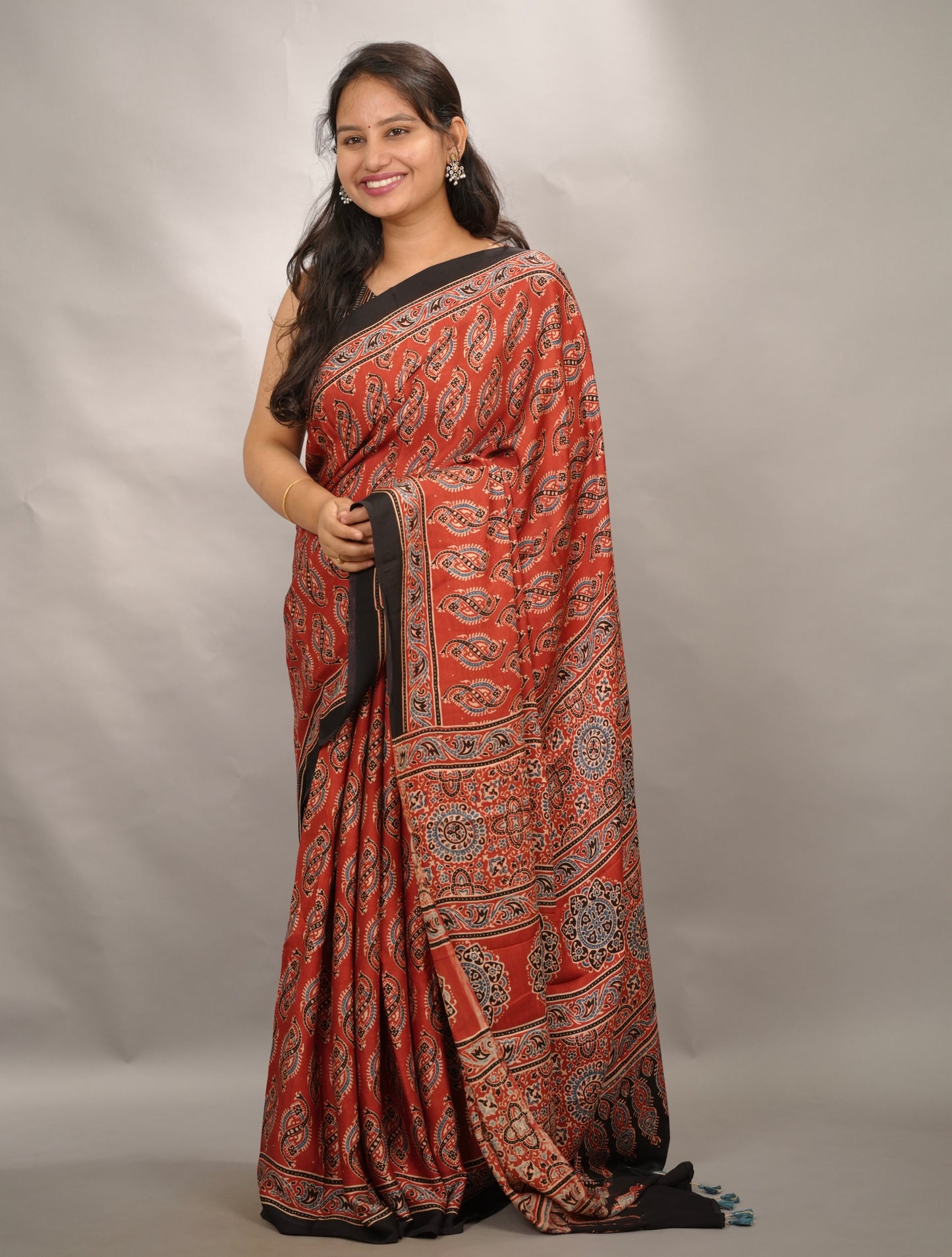 Maroon Authentic Ajrakh Handblock Printed Modal Silk Saree | Looms & Tassels