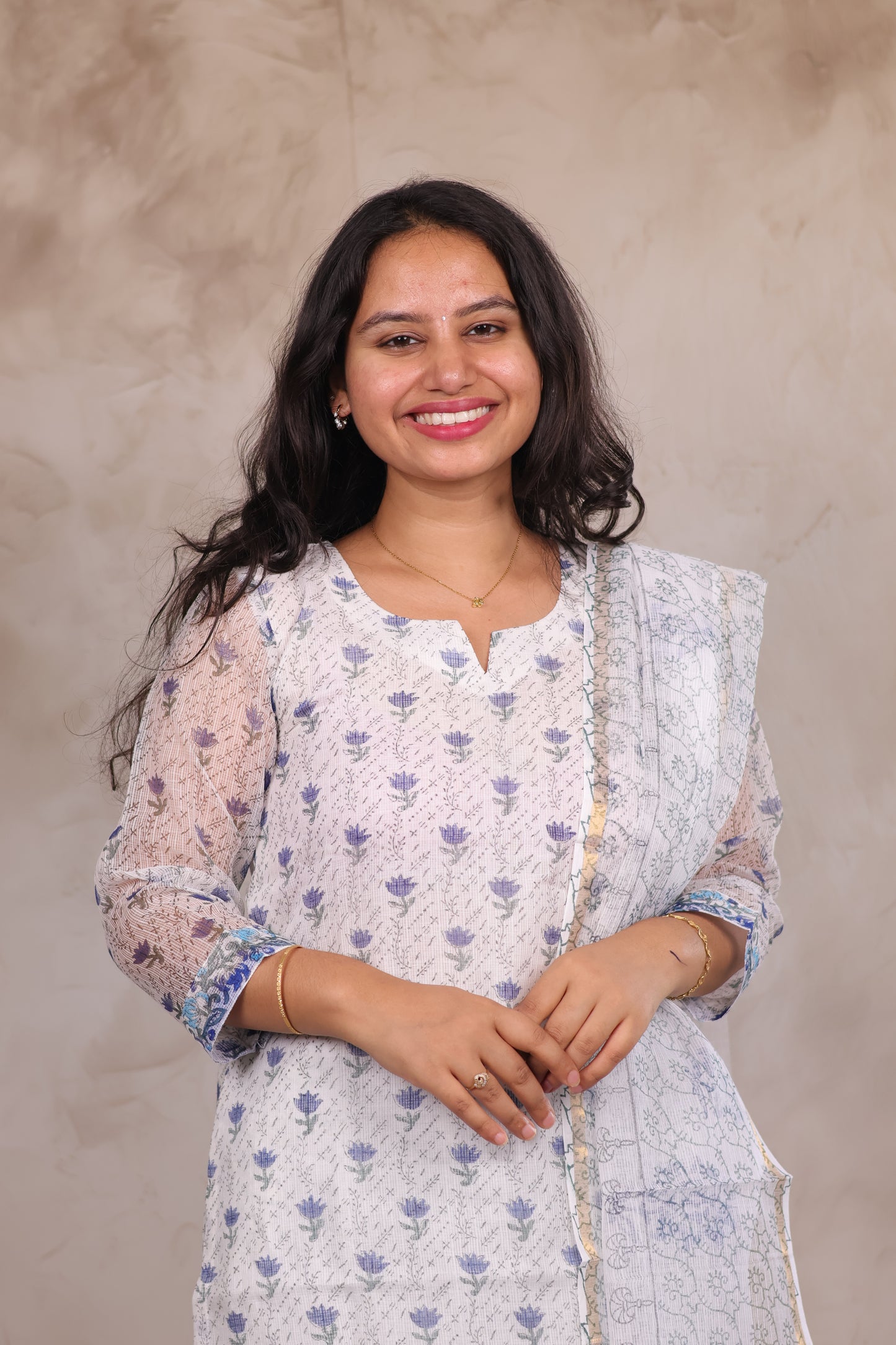 White Sangneri Handblock printed kota 3 piece suit (stitched)