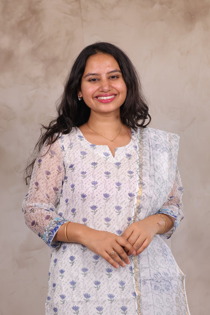 White Sangneri Handblock printed kota 3 piece suit (stitched)