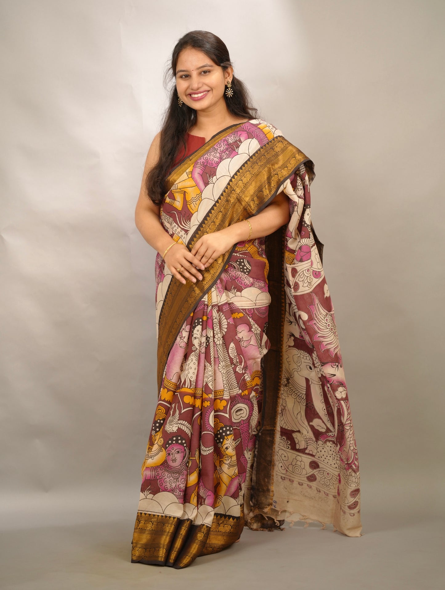Dusty Maroon Kanchi border Kalamkari Chennur Silk Saree | Looms & Tassels