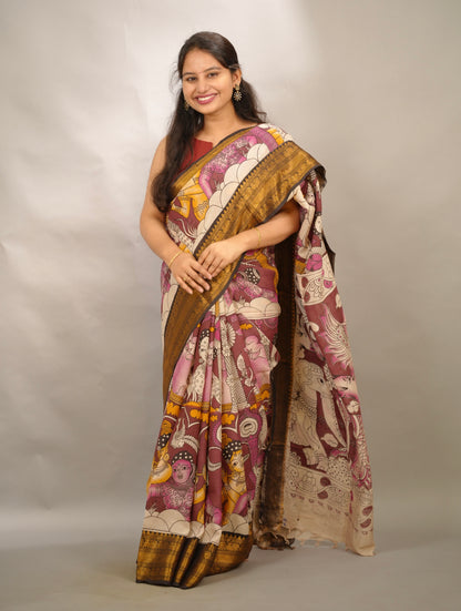 Dusty Maroon Kanchi border Kalamkari Chennur Silk Saree | Looms & Tassels
