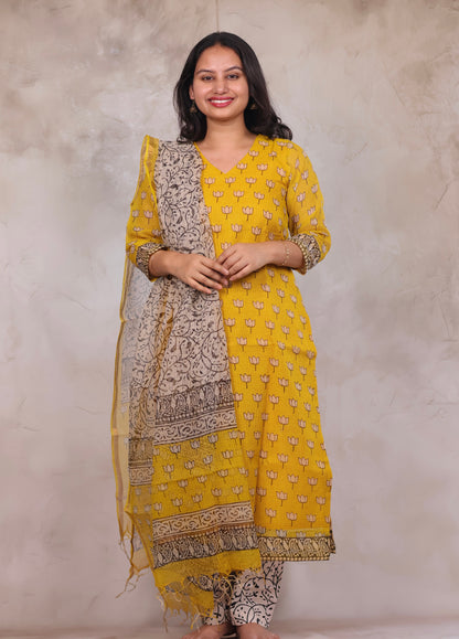 Yellow Handblock printed kota 3 piece suit (stitched)