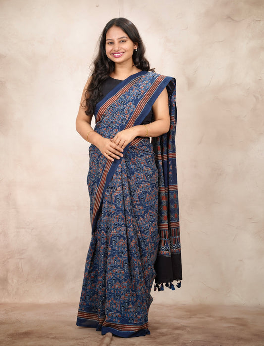 Indigo Ajrakh Hand Block Printed Cotton Saree | Looms & Tassels