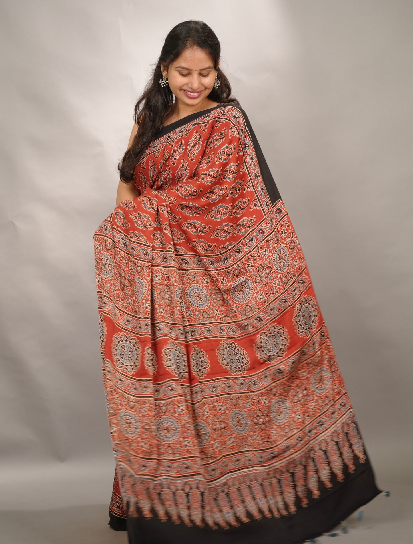 Maroon Authentic Ajrakh Handblock Printed Modal Silk Saree | Looms & Tassels