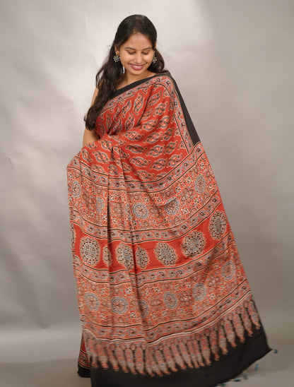 Maroon Authentic Ajrakh Handblock Printed Modal Silk Saree | Looms & Tassels