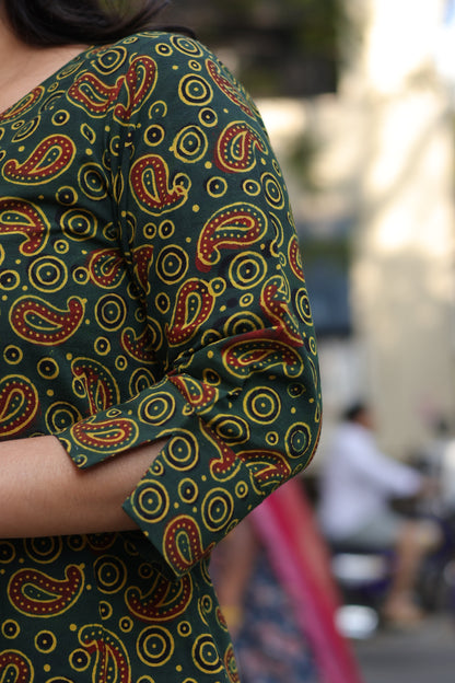 Green Ajrakh Hand Block Printed Kurti
