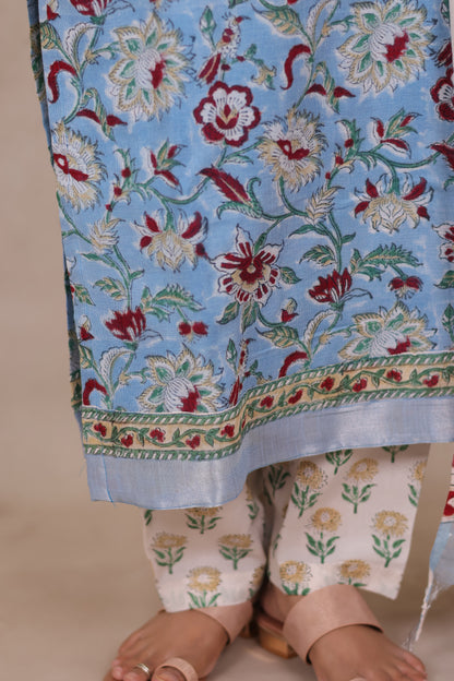 Sky Blue Linen Cotton Handblock printed 3 piece suit (stitched)