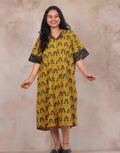 Mustard Ajrakh Handblock Printed Cotton Kaftan shirt dress – Elegant & Breathable Ethnic Wear | Looms & Tassels