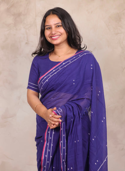Blue Malai Cotton Saree with Butta Weaving | Looms & Tassels