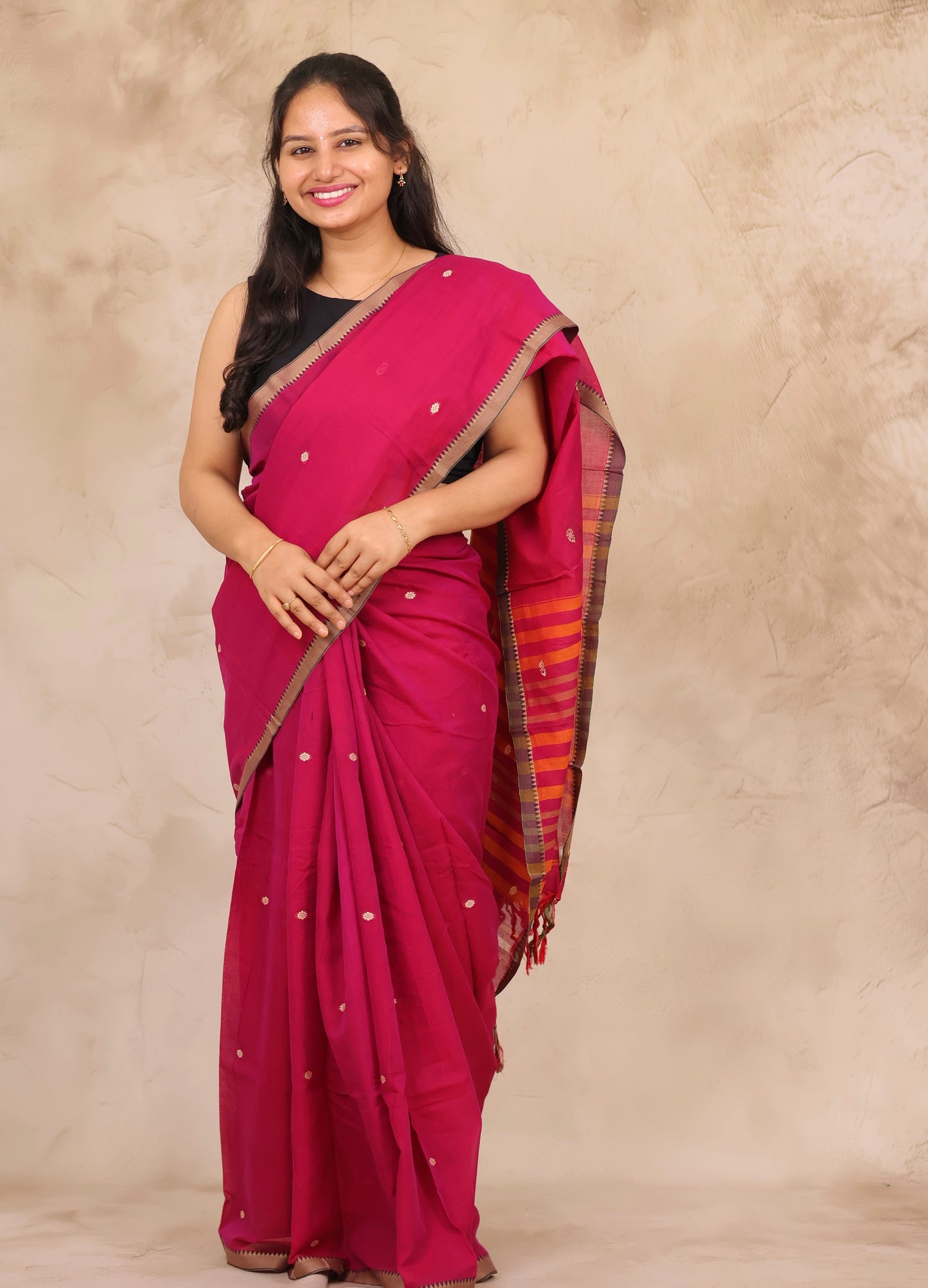 Pink Narayanpet Cotton Saree With Butta Weaving | Looms & Tassels
