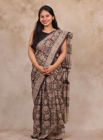 Black Hand Block Printed Kalamkari Cotton Saree | Looms & Tassels